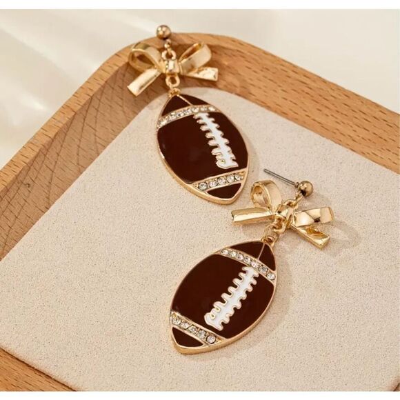 NWT 18K Bling Rhinestone Gold Toned Bowknot Football Dangle Earrings - Picture 3 of 7
